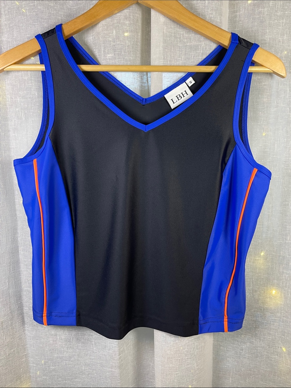 LBH Black V-Neck Tank with Royal Blue Panels and Orange Piping